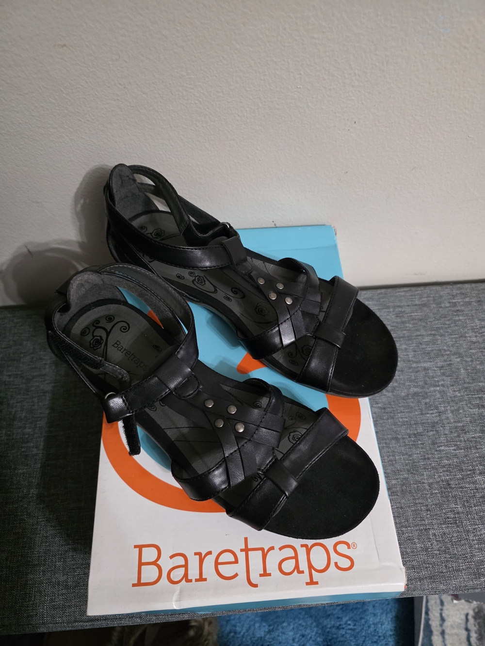 BareTraps Black Leather Strappy Sandals with Stud Detail